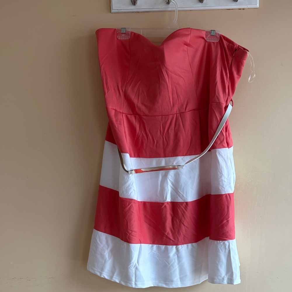 New Look Coral and White Strapless Dress